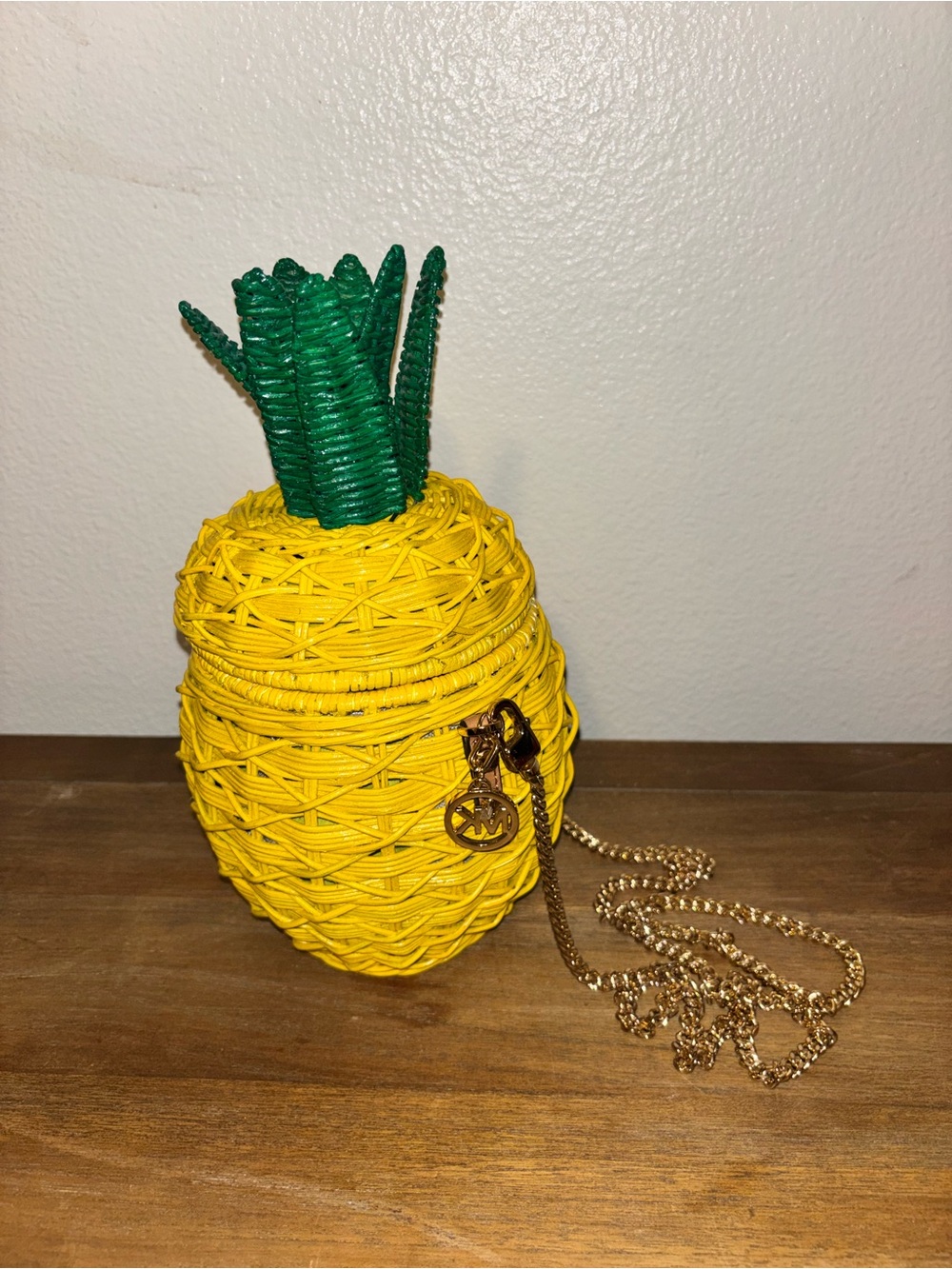 Michael Kors Yellow Wicker Pineapple Crossbody Bag with Green Top - Picture 2 of 7